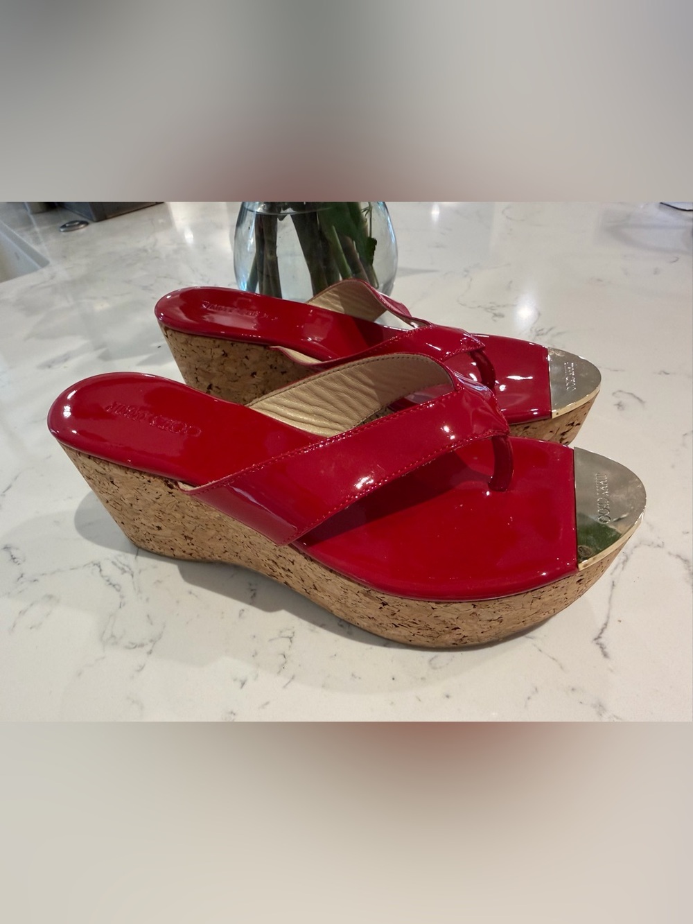 Jimmy Choo Pathos Red Patent Leather Cork Wedge Thong Sandals
